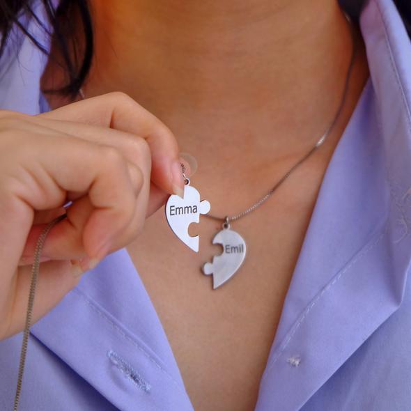 Personalised Heart Puzzle Necklace Engraved 2 Names Matching Necklace Gifts for Couple