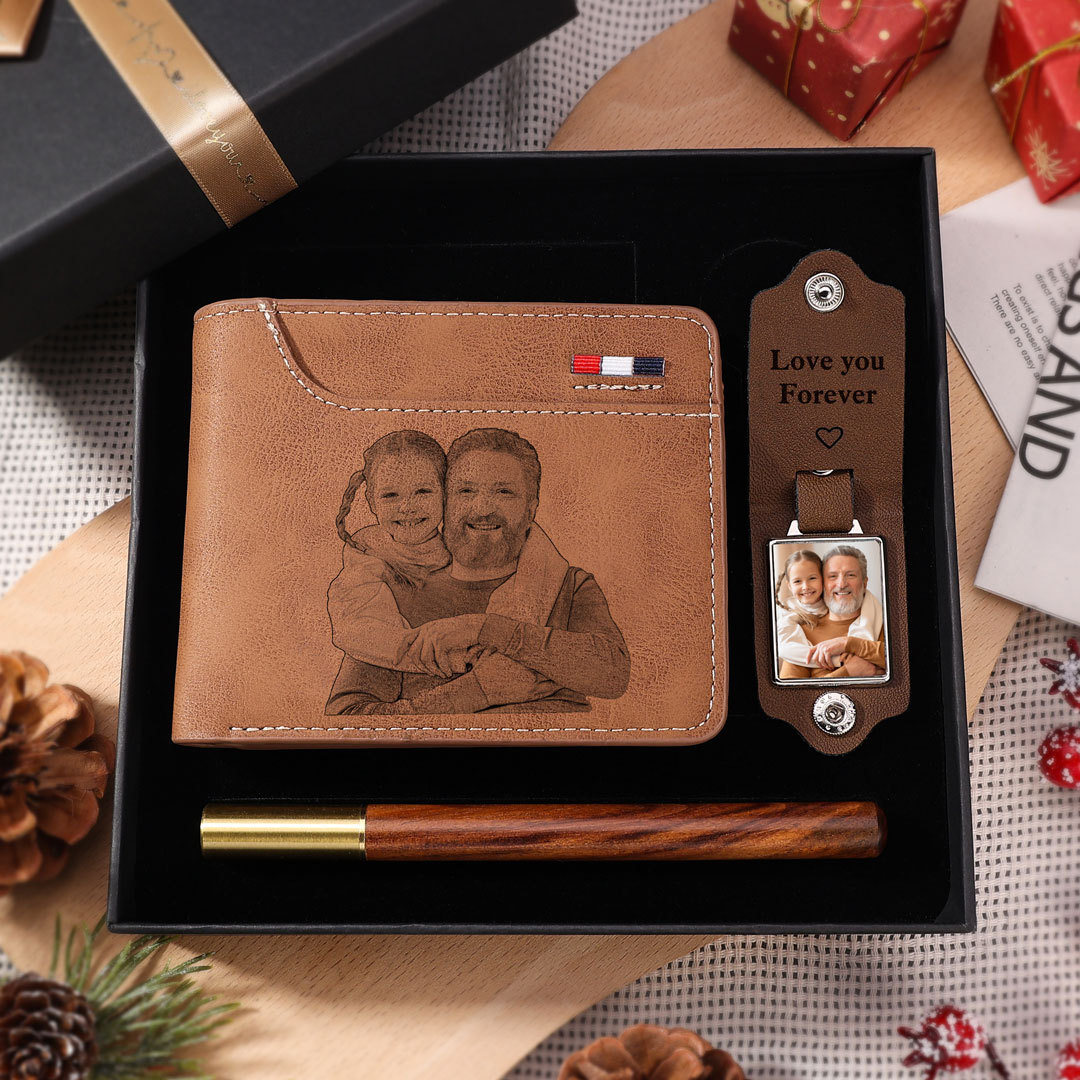Personalised Gift Set for Him Custom Photo Wallet Leather Keychain Ideal Gift for Christmas