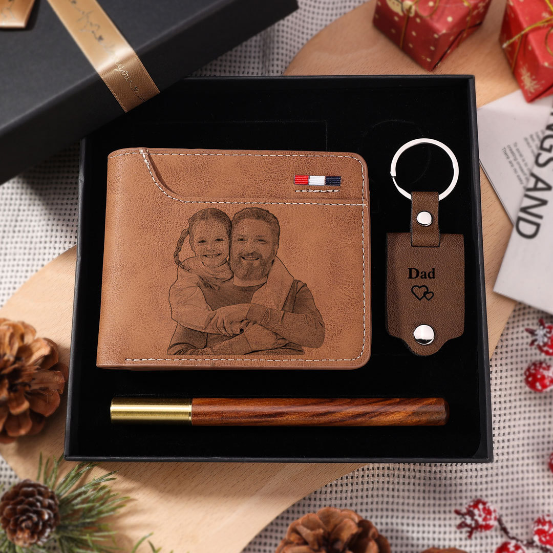 Personalised Gift Set for Him Custom Photo Wallet Leather Keychain Ideal Gift for Christmas