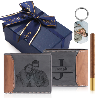 Personalised 2 Photos & 1 Text & 1 Name & 1 Letter Gift Set Custom Wallet & Keychain & Pen Gift Box Set Christmas Gift for Him-Jessemade AU