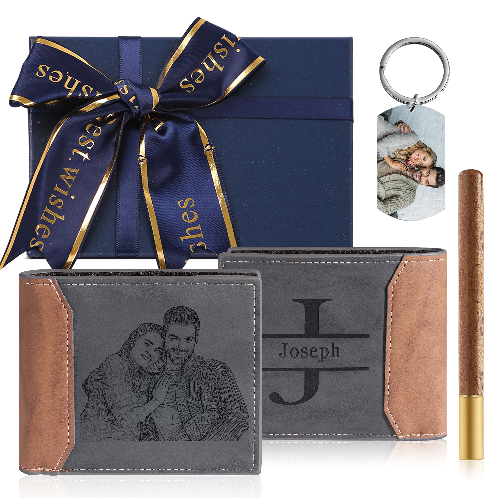 Personalised 2 Photos & 1 Text & 1 Name & 1 Letter Gift Set Custom Wallet & Keychain & Pen Gift Box Set Christmas Gift for Him