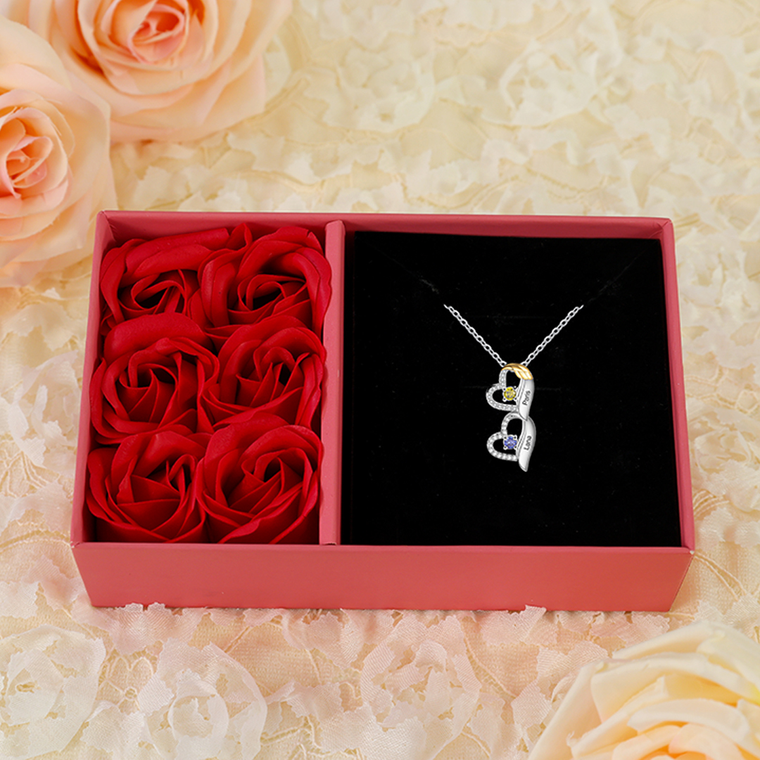 Personalised Heart Pendant Necklace Custom 2 Birthstones & 2 Names Birthday Women Necklace Gift for Her