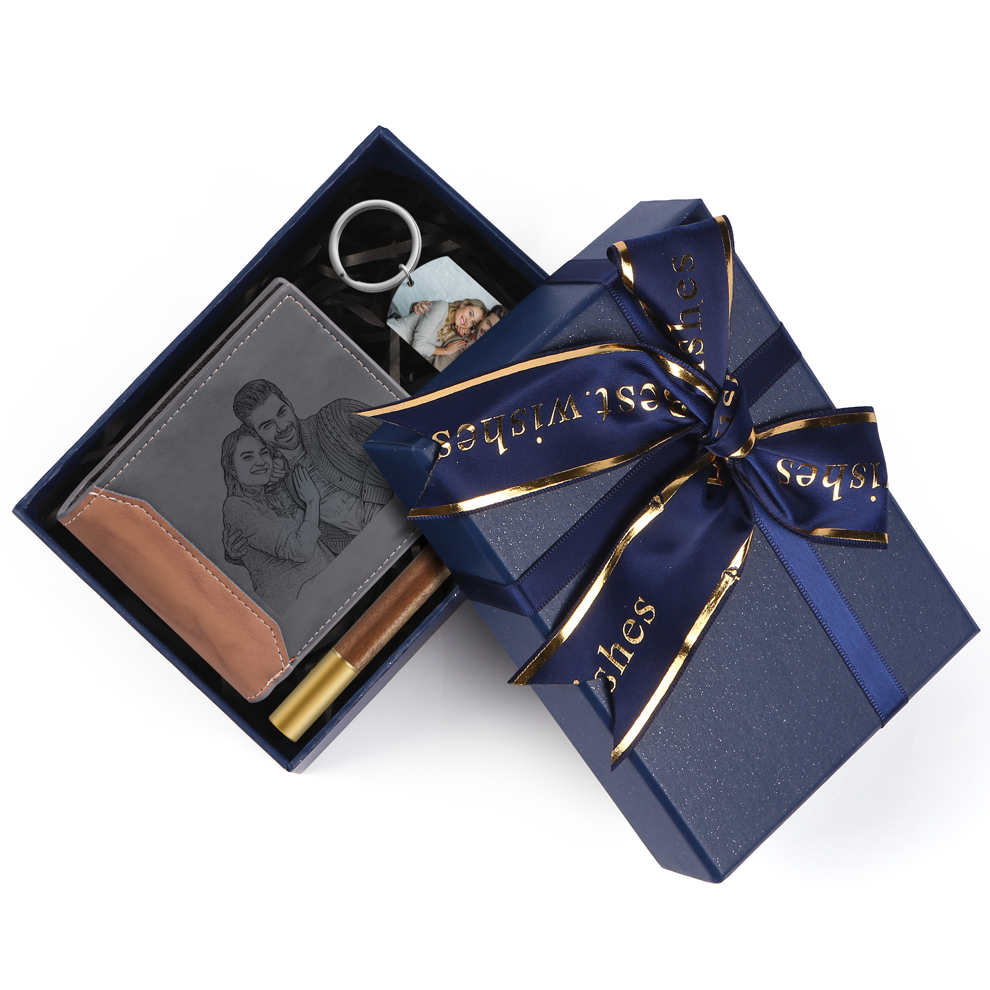 Personalised 2 Photos & 1 Text & 1 Name & 1 Letter Gift Set Custom Wallet & Keychain & Pen Gift Box Set Christmas Gift for Him