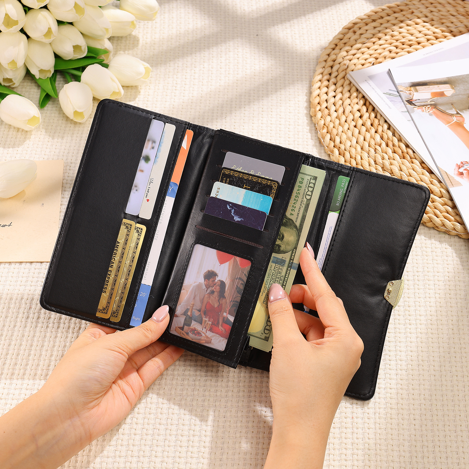 Personalised Long Women’s Leather Wallet with Birth Flower and Name