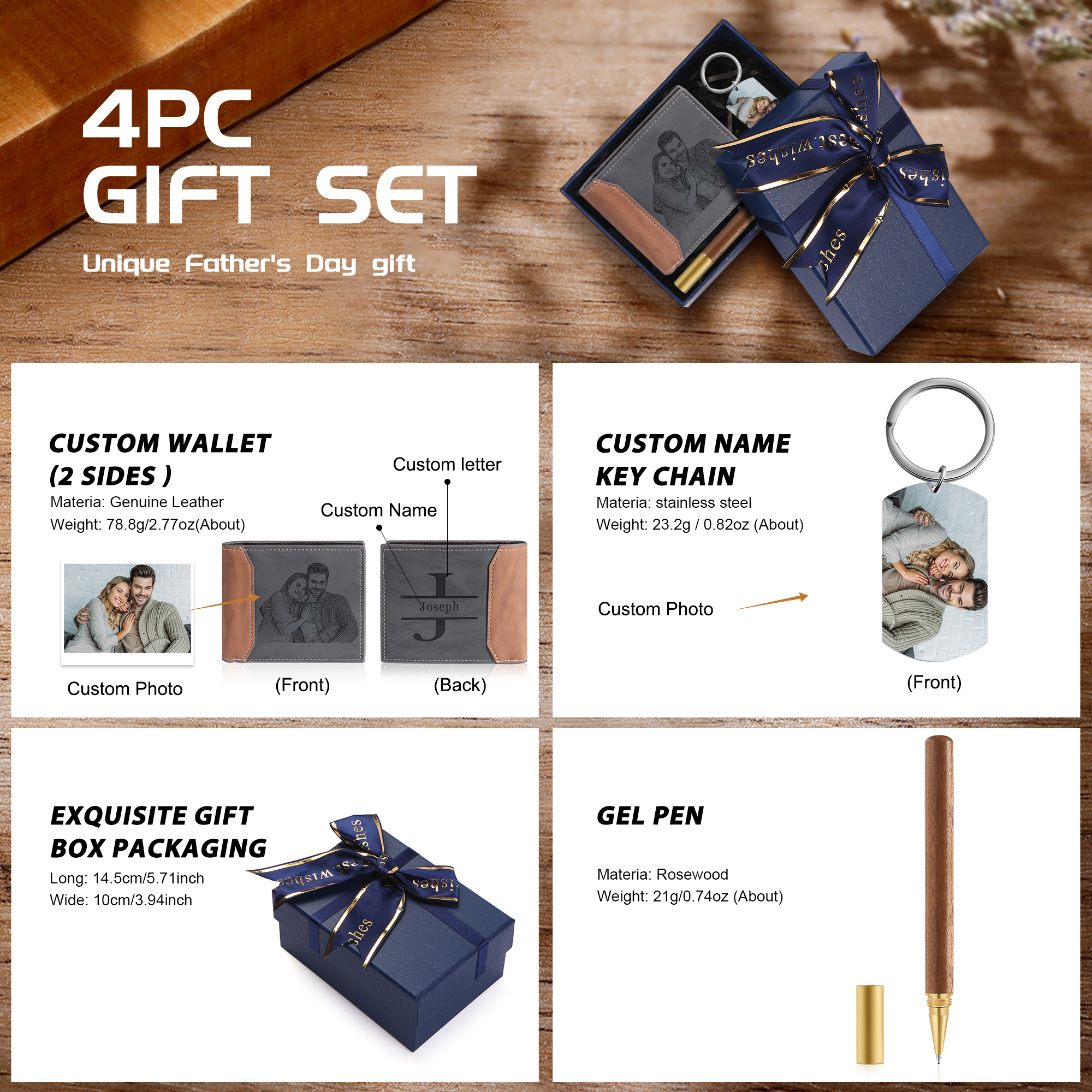 Personalised 2 Photos & 1 Text & 1 Name & 1 Letter Gift Set Custom Wallet & Keychain & Pen Gift Box Set Christmas Gift for Him-Jessemade AU