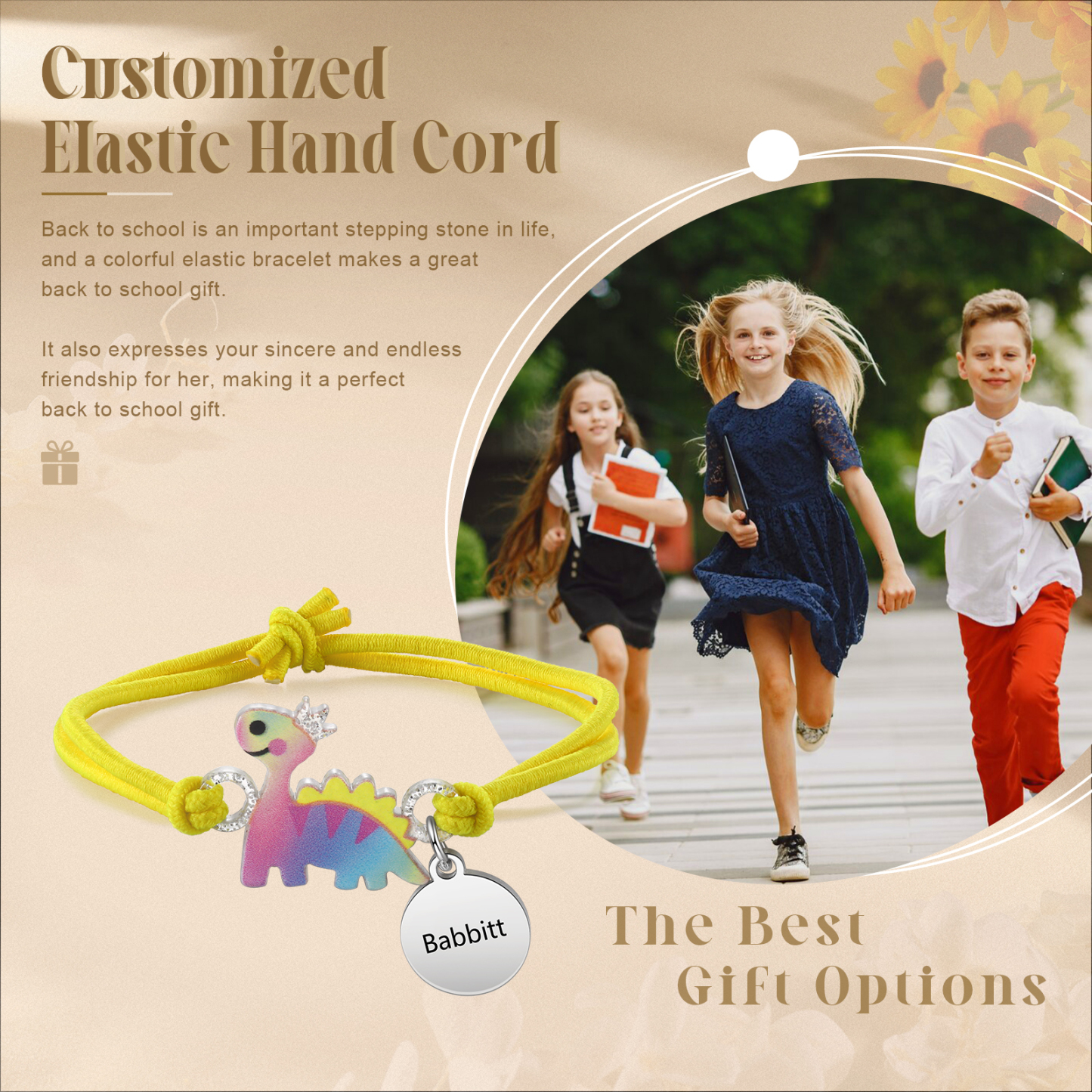 2 Pcs Bracelet Set Custom Names Yellow Dinosaur Charm Hair Ties Back To School Gift for Girls - My Heart Will Be With You Throughout The Day-Jessemade AU