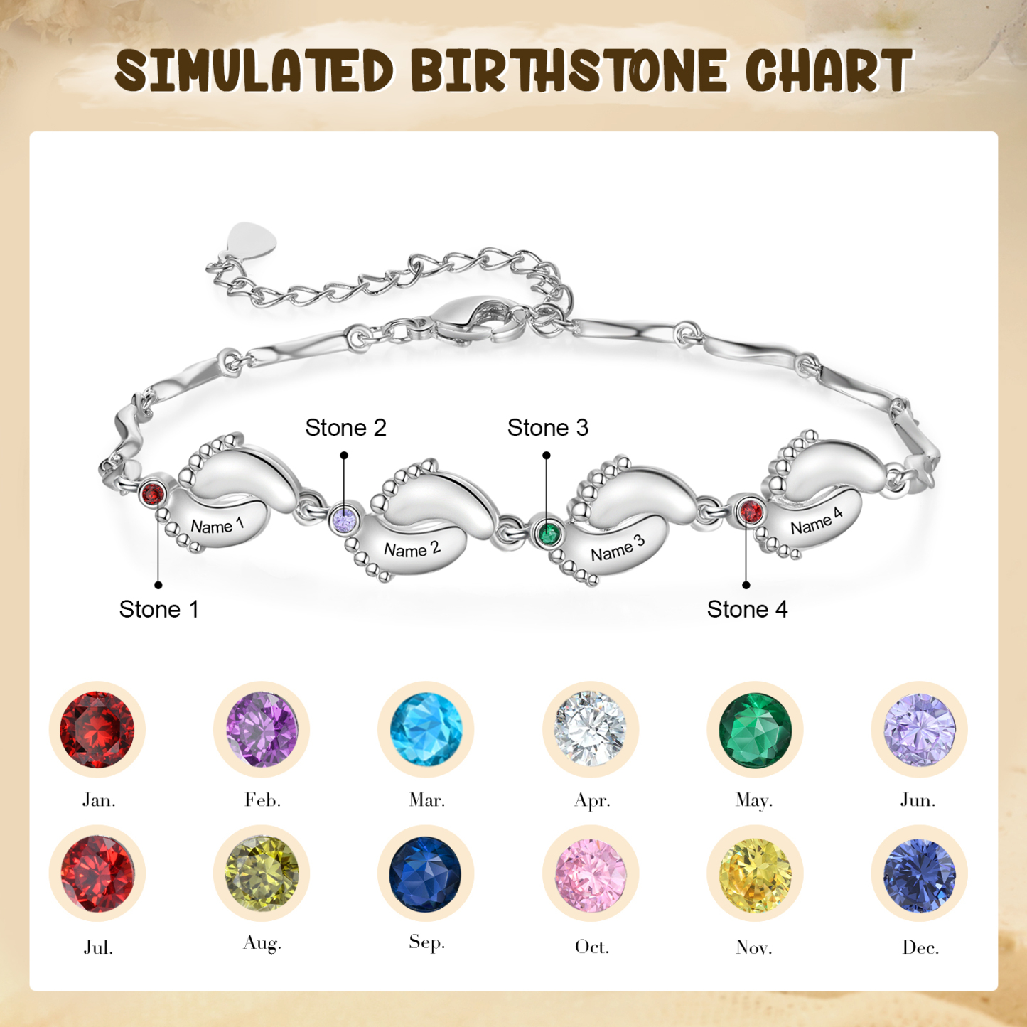 Personalised Baby Feet Bracelet Custom 4 Birthstones & 4 Names Adjustable Bracelet Gift for Her-Jessemade AU
