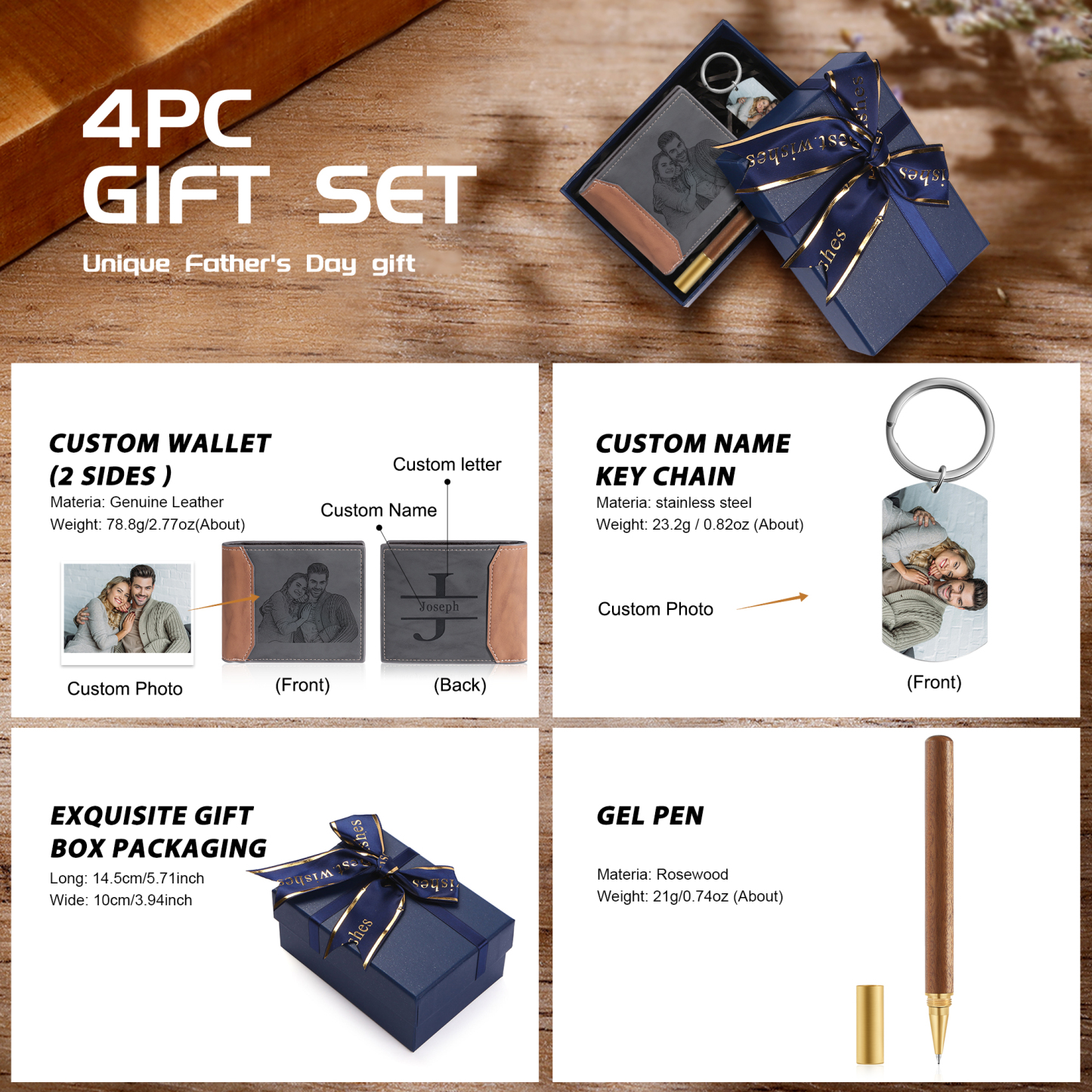 Personalised 2 Photos & 1 Text & 1 Name & 1 Letter Gift Set Custom Wallet & Keychain & Pen Gift Box Set Christmas Gift for Him-Jessemade AU