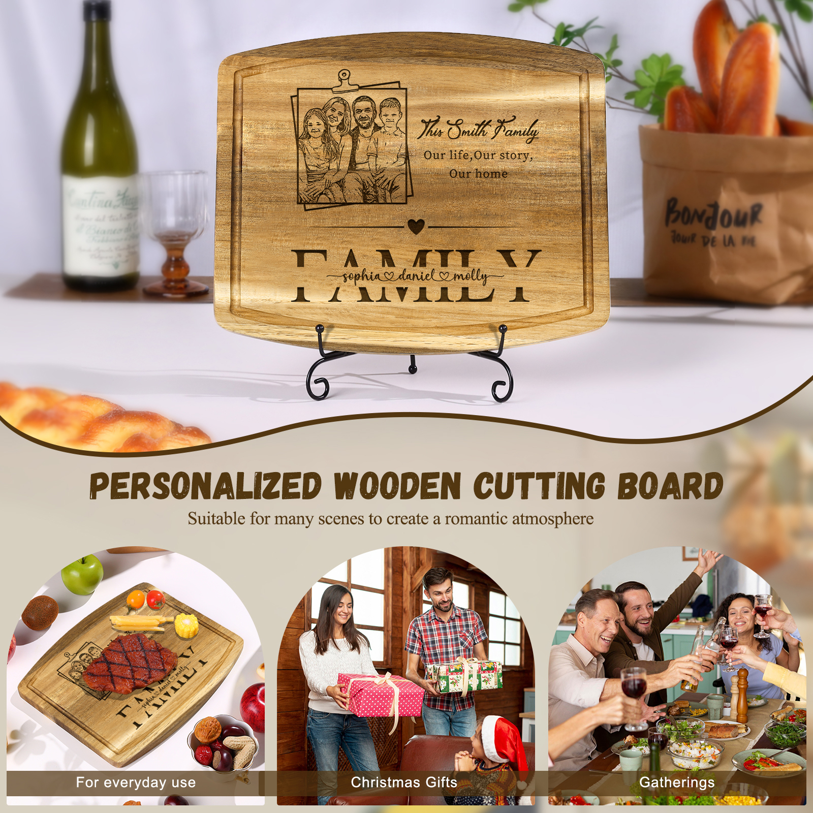 Personalised Family Cutting Board Custom 1 Photo & 2 Texts & 3 Names Cutting Board Creative Gifts-Jessemade AU