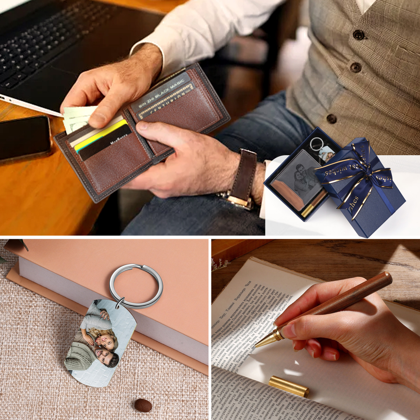 Personalised 2 Photos & 1 Text & 1 Name & 1 Letter Gift Set Custom Wallet & Keychain & Pen Gift Box Set Christmas Gift for Him-Jessemade AU