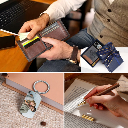 Personalised 2 Photos & 1 Text & 1 Name & 1 Letter Gift Set Custom Wallet & Keychain & Pen Gift Box Set Christmas Gift for Him-Jessemade AU