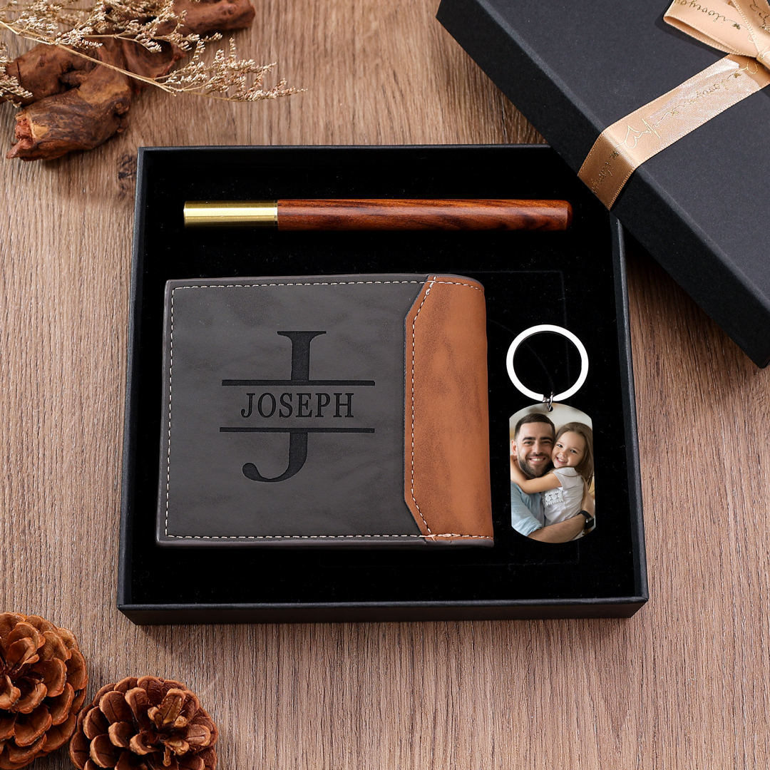 Personalised 2 Names & 1 Letter & 2 Photos Fist Bump Gift Set Custom Wallet & Keychain & Pen Dad Gift Box Set Fathers Day Gift-Jessemade AU