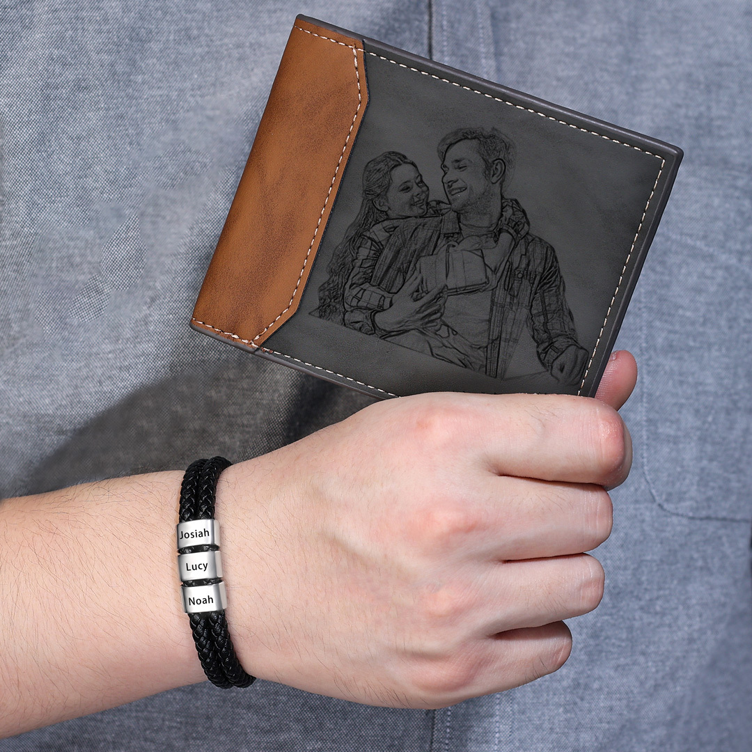 Personalised 1 Photo & 1 Letter & 4 Names Gift Set Custom Wallet & Bracelet Gift Box Set Christmas Gifts