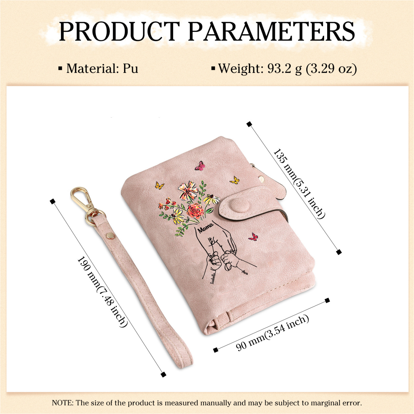 Personalised Wallet with flowers and a hand-in-hand design, with 3 to 6 names – for Mum/Grandma