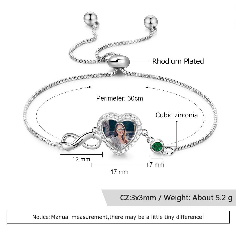 Infinity Love Heart Photo Bracelet with Birthstone Personalised with Engraving