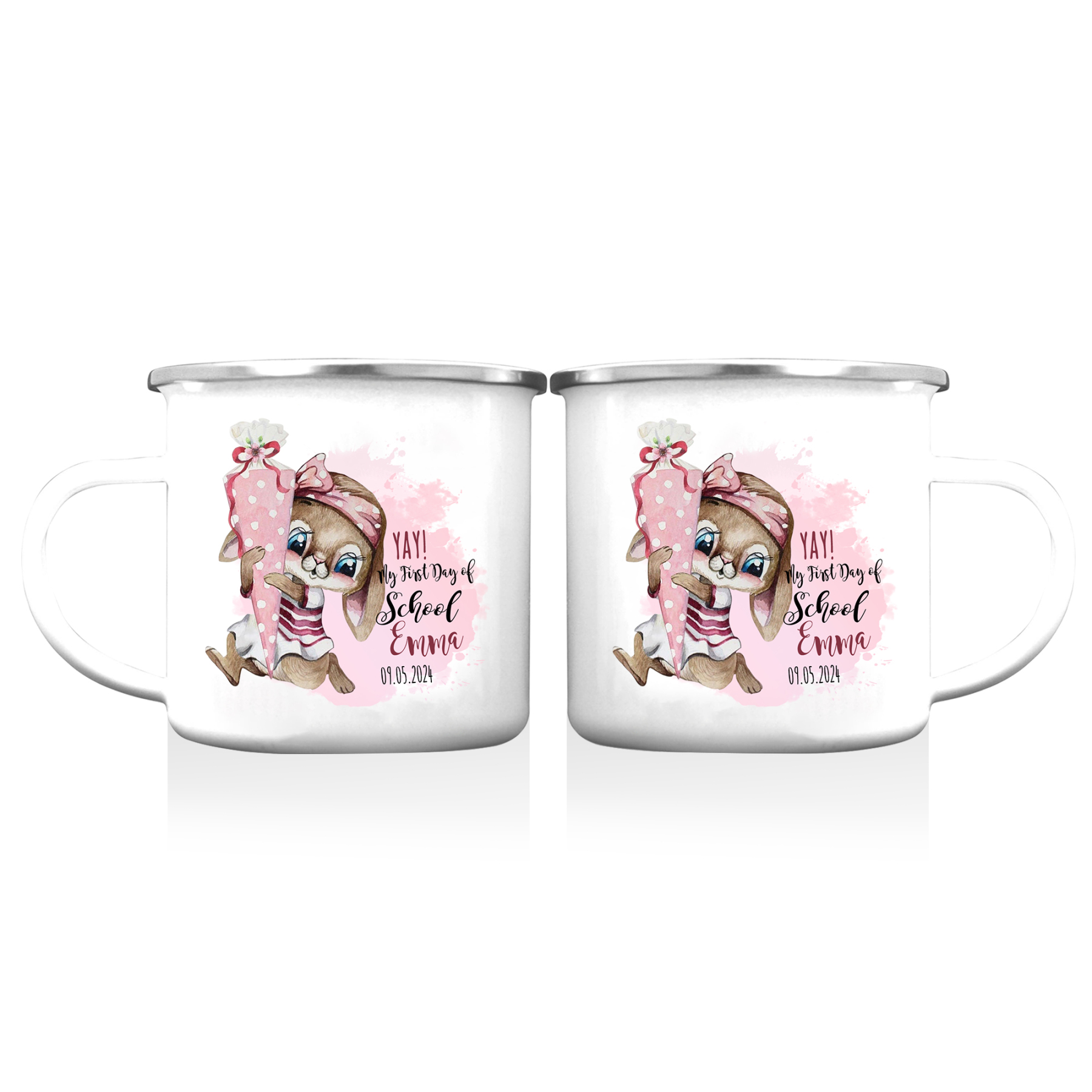 Personalised Enamel Mug Custom Name & Date Bunny Cup Back to School Gift for Daughter  - Yay, My First Day Of School-Jessemade AU