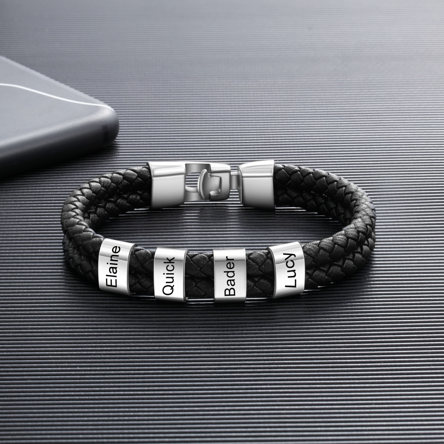 4 Names Personalised Braided Leather Bracelet Engraved Men's Bracelet for Him