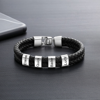 4 Names Personalised Braided Leather Bracelet Engraved Men's Bracelet for Him