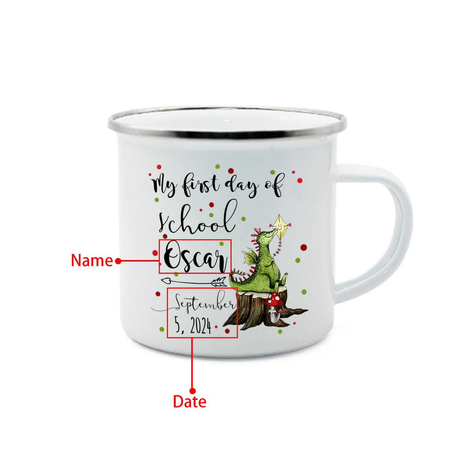Personalised Enamel Mug Custom Name & Date Dinosaur Cup Back to School Gift for Kids - My First Day Of School-Jessemade AU