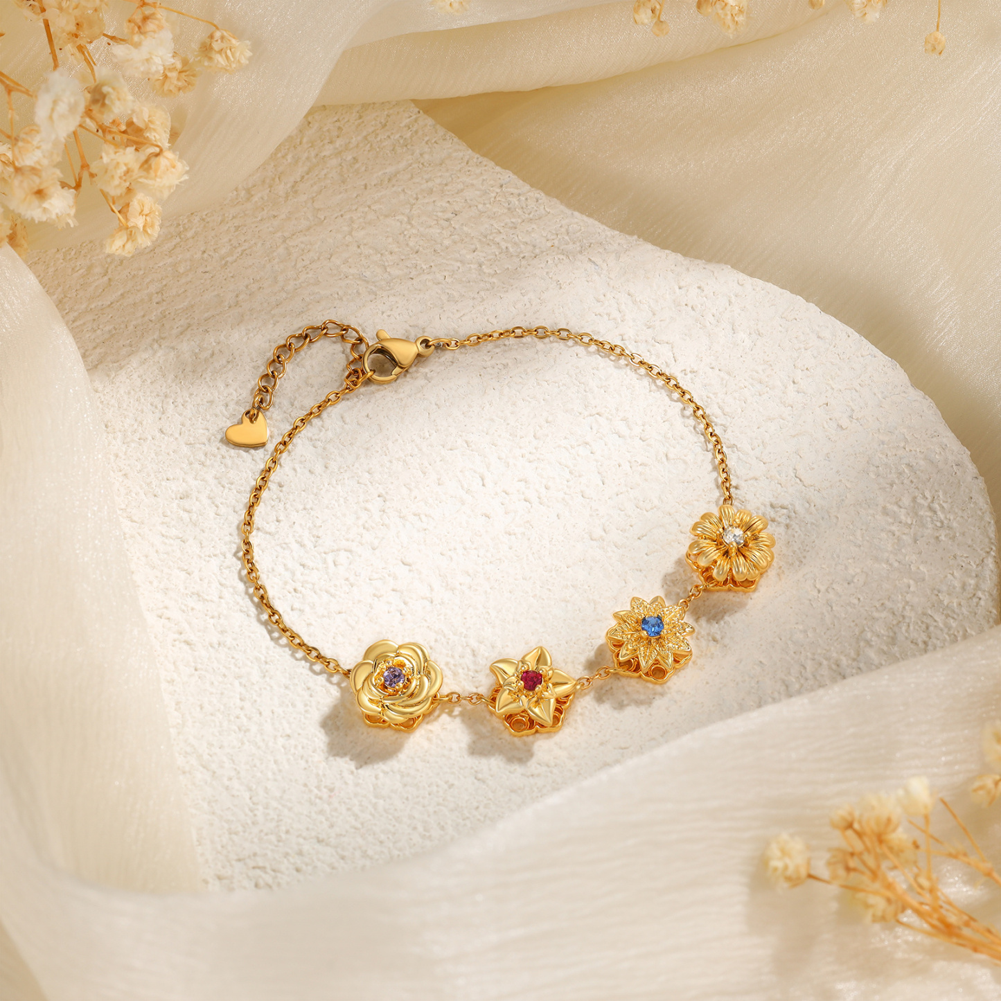 Personalised Women's Bracelet with 2-4 Birthstones and Birth Flowers, Rotating Bracelet for Women | Jessemade
