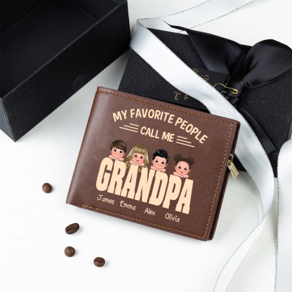 Gift Foy Grandpa - Personalised Leather Wallet with 1-6 Kids' Names printed with “My Favourite People Call Me Grandpa” | Jessemade