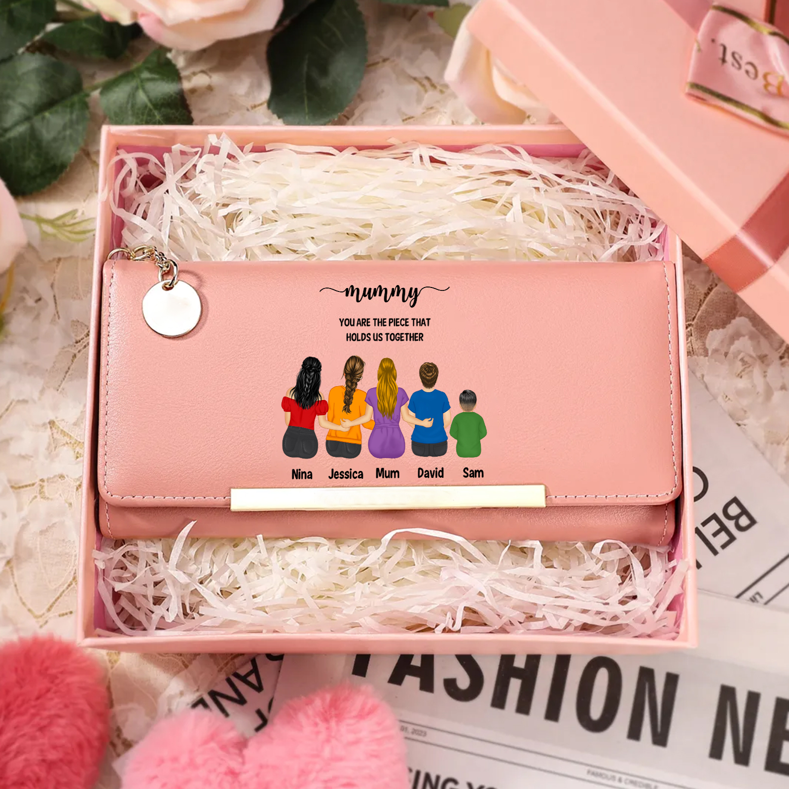 Personalised leather wallet for Mum with 1–6 child figures and names