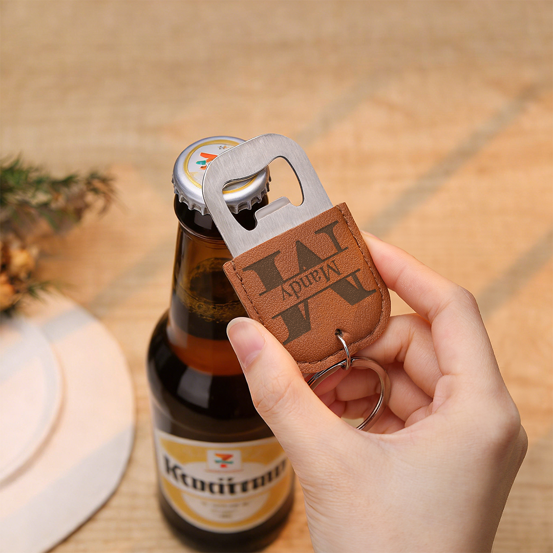 Personalised Leather Initial Bottle Opener Keyring for Men