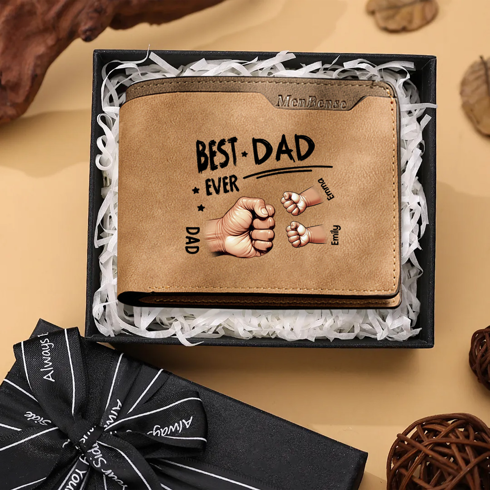 Best Dad Ever—Personalised Leather Wallet Custom 2-7 Names and Fist Bump | Father's Day Gift for Dad | Jessemade