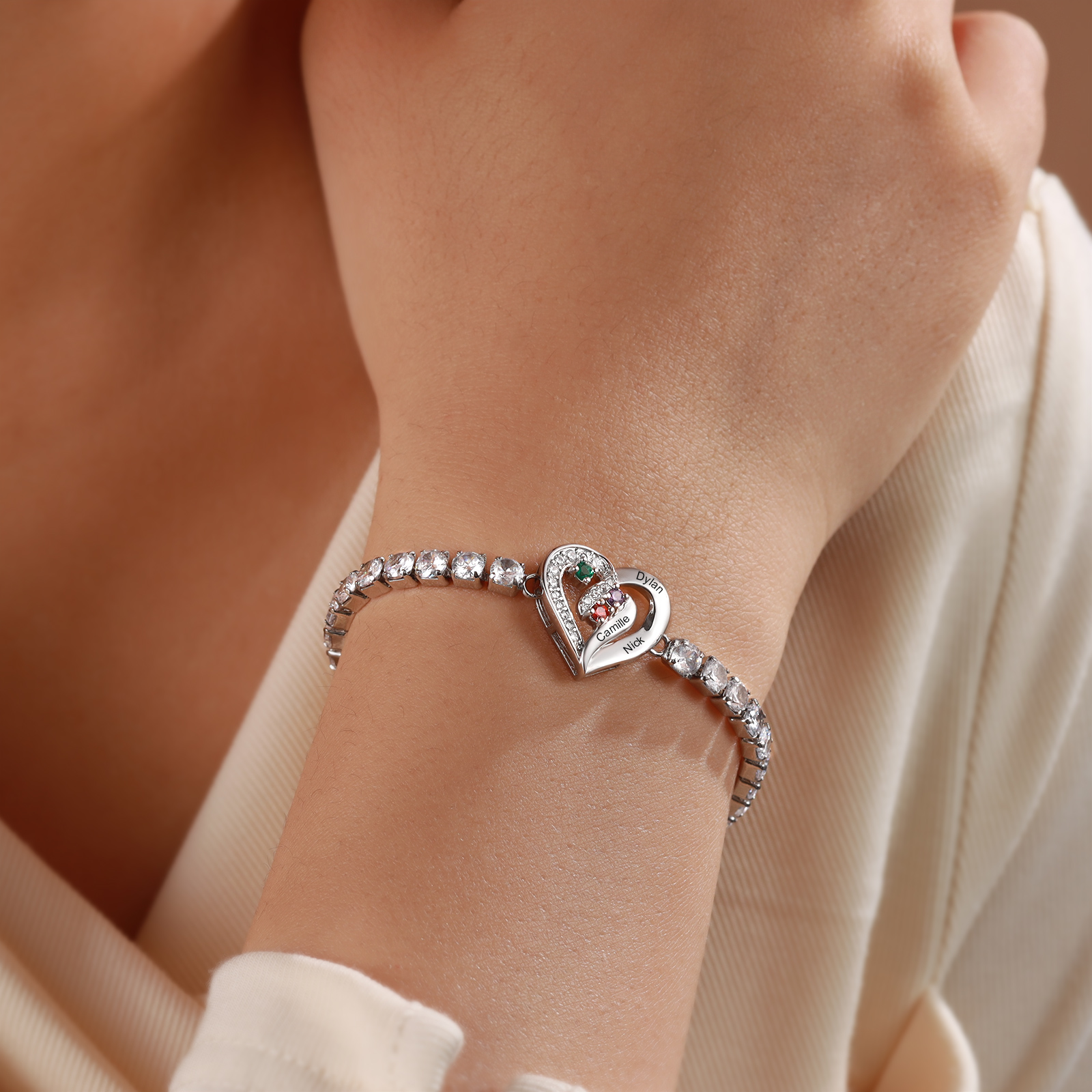 Personalised 2-5 Names Diamond Heart Birthstone Tennis Bracelet