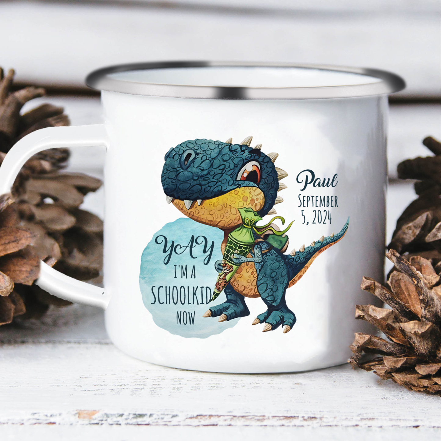 Personalised Enamel Mug Custom Name & Date Dinosaur Cup Back to School Gift for Boys - Yay, I'm A Schoolkid Now-Jessemade AU