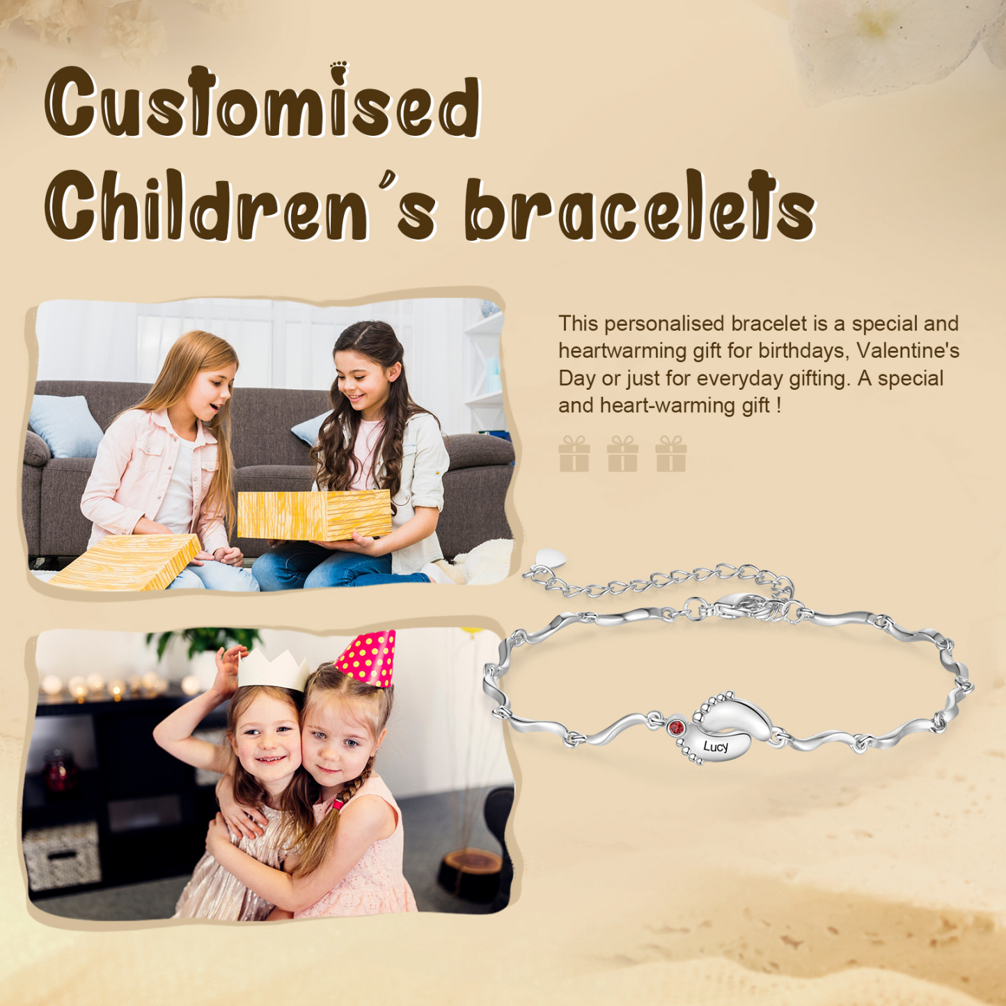 Personalised Baby Feet Bracelet Custom 1 Birthstone & 1 Name Adjustable Bracelet Gift for Her-Jessemade AU