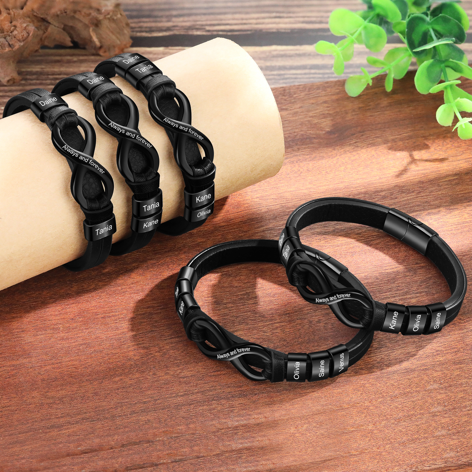 Personalised 6 Names&1 Text Leather Bracelet Custom for Him