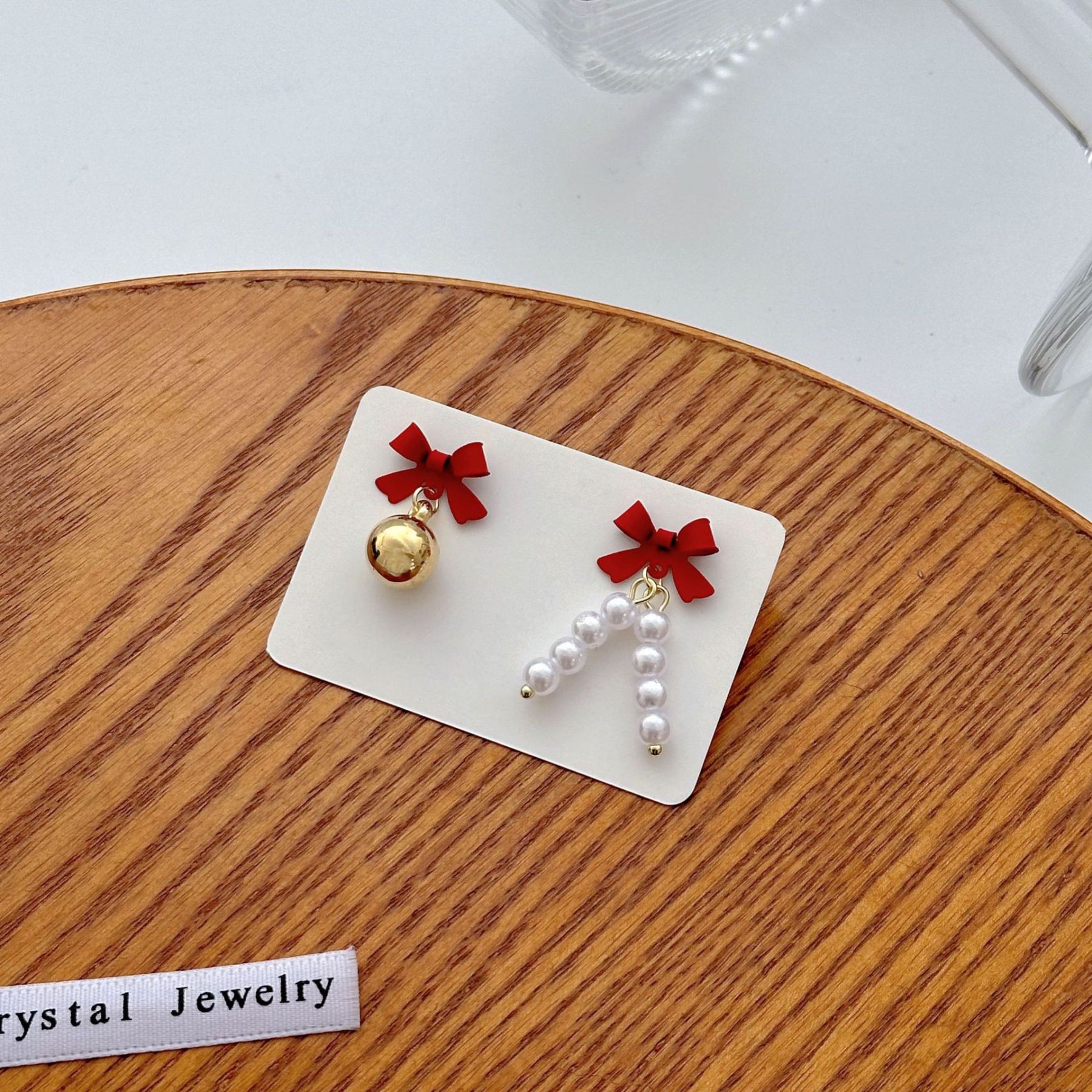 Christmas Asymmetrical Bow & Pearl Earrings Festive Holiday Gift-Jessemade AU