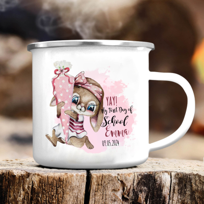 Personalised Enamel Mug Custom Name & Date Bunny Cup Back to School Gift for Daughter  - Yay, My First Day Of School-Jessemade AU