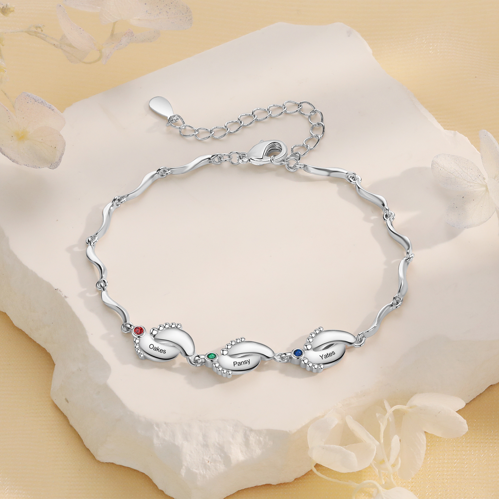 Personalised Baby Feet Bracelet Custom 3 Birthstones & 3 Names Adjustable Bracelet Gift for Her-Jessemade AU