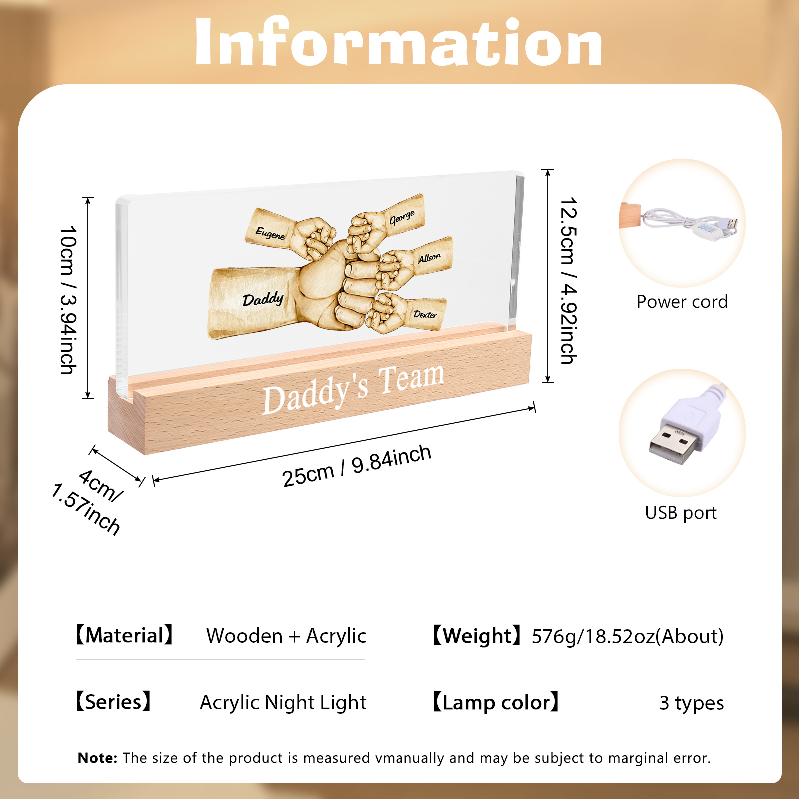 5 Names -  Personalised Name & Text Acrylic Night Light Custom Fist Bump LED Lamp Fathers Day Gifts-Jessemade AU