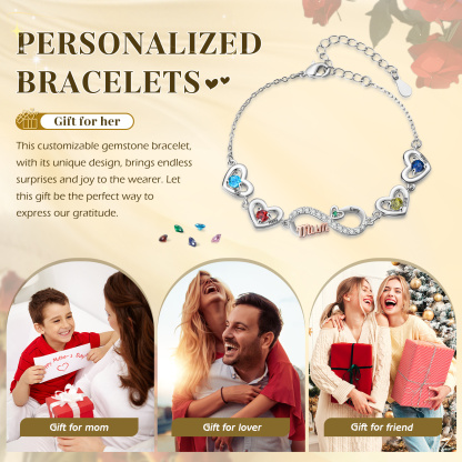 Personalised 2-6 Names Infinity Mum Heart Birthstone Bracelet