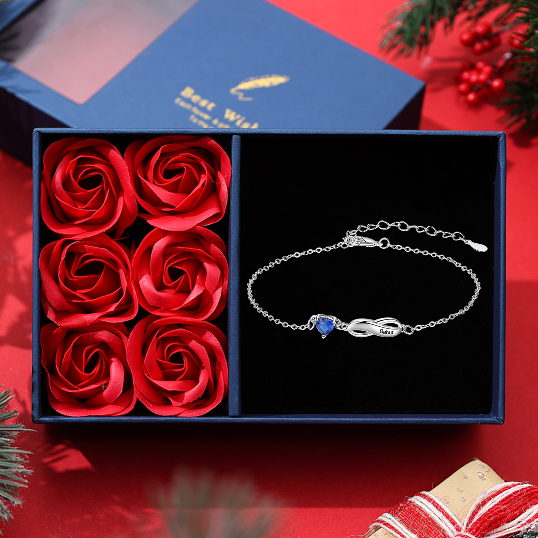 Personalised Infinity Bracelet With 1 Birthstone Engraved Names Bracelet Gift For Women