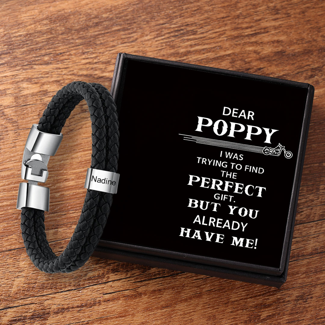 Personalised Braided Leather Bracelet Engraved 1 Name Men's Bracelet Gifts for Poppy-Jessemade AU