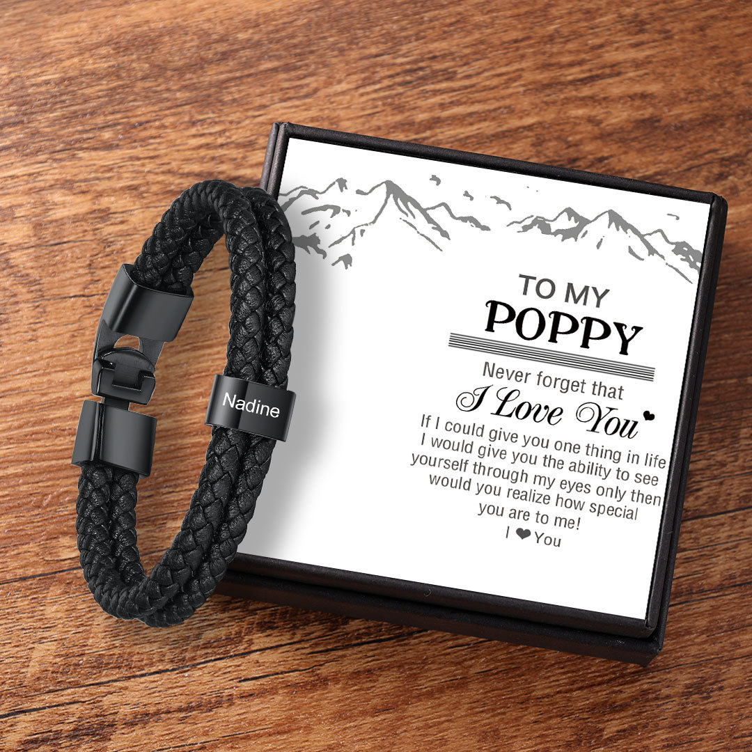 Personalised Braided Leather Bracelet Engraved 1 Name Men's Bracelet Gifts for Poppy-Jessemade AU