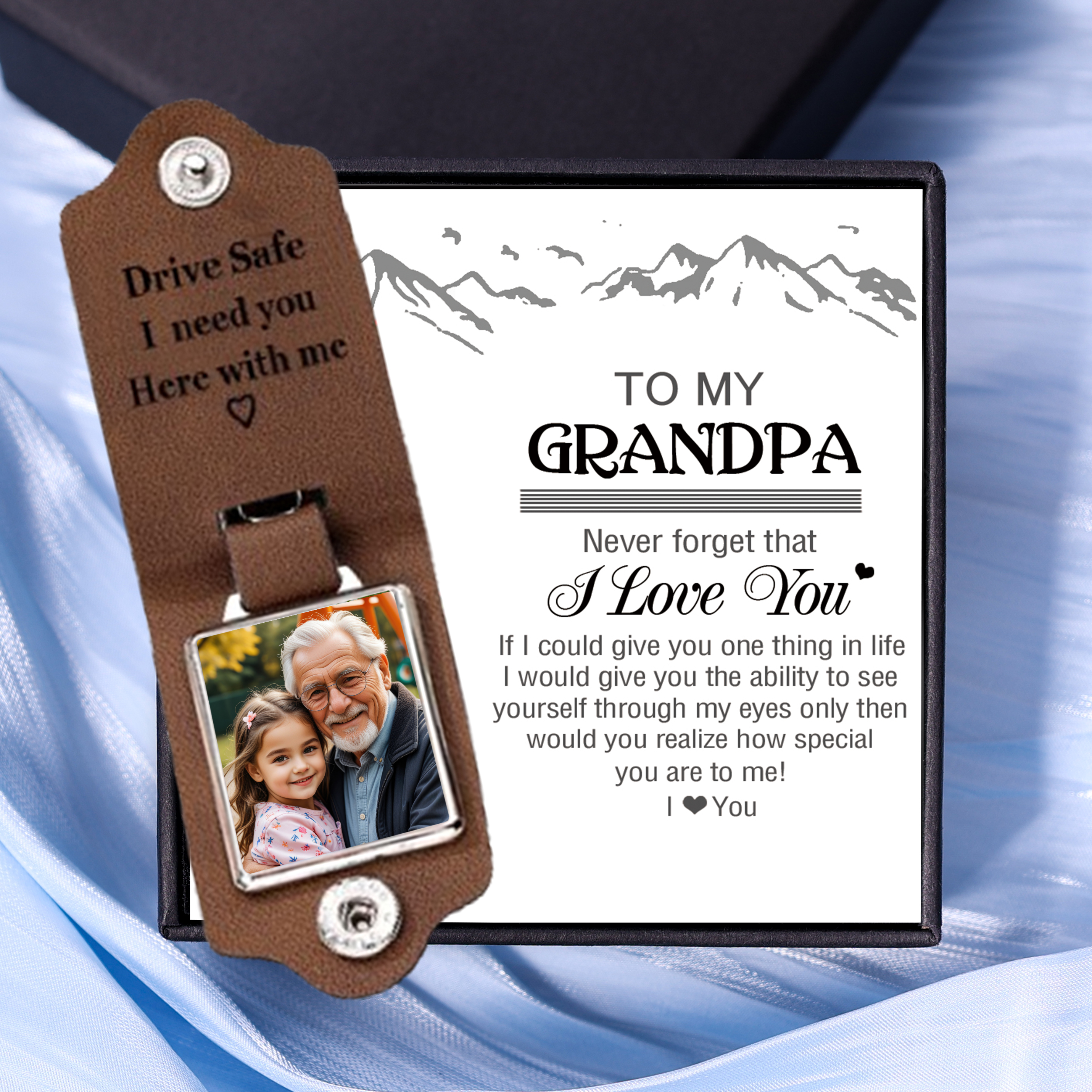 Personalised Photo & Text Keychain Leather Keyring Gifts for Grandpa/Poppy - Drive Safe, I Need You Here With Me