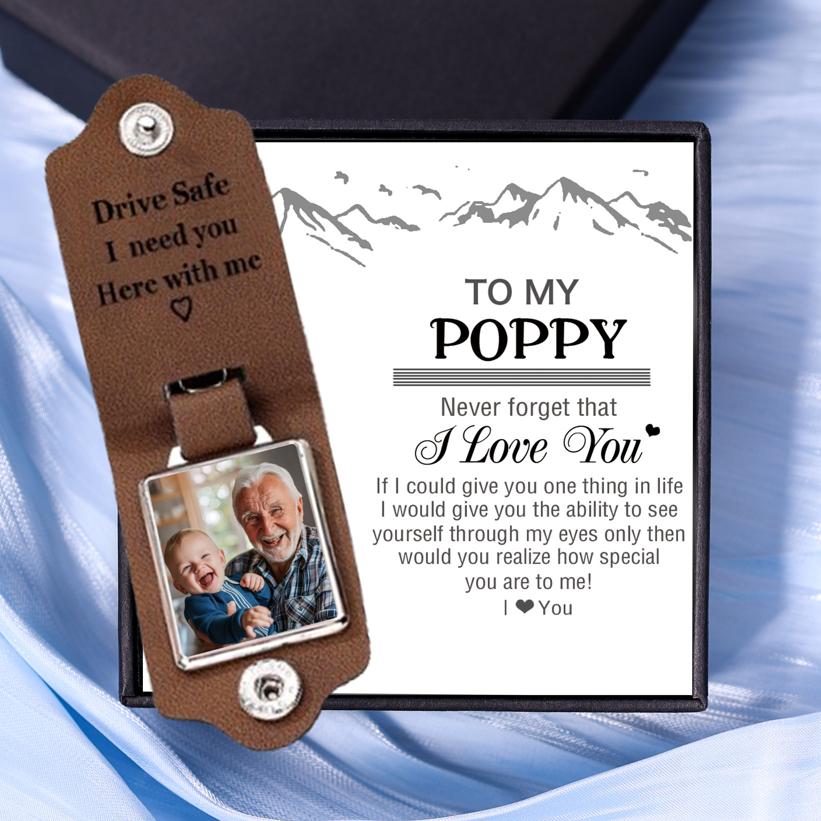 Personalised Photo & Text Keychain Leather Keyring Gifts for Grandpa/Poppy - Drive Safe, I Need You Here With Me