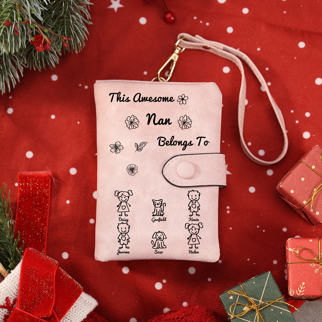 Personalised Women Wallet Custom 1–6 Names & Pattern Leather Wallet Pink Gift for Her "This Awesome Grandma Belongs To"