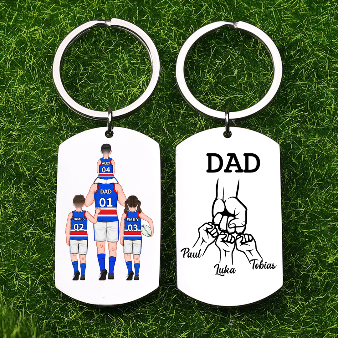 Personalised Australian Rules Football Family Keychain Custom 2–4 Names Fist Bump Keychain Fathers Day Gift for Dad/Grandpa