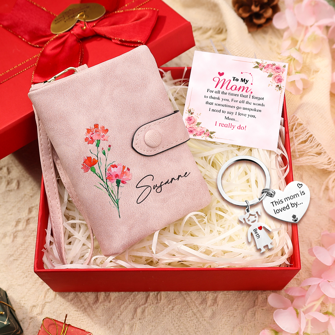 Personalised Women Wallet Gift Set 1 Name & Birthflower Wallet 1 Dolls Keychain Gift Box Set Christmas Gifts