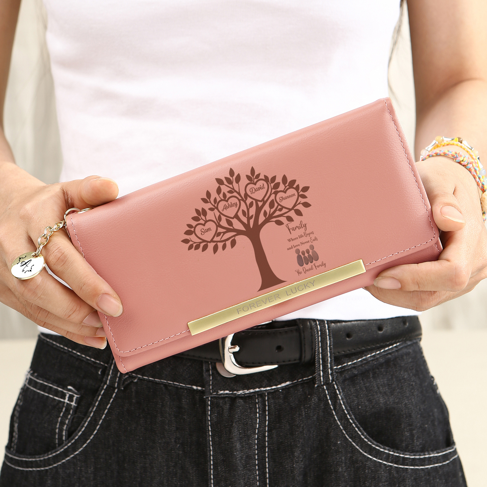 Personalised 2-6 Names Pink Family Tree PU Leather Wallet For Mum