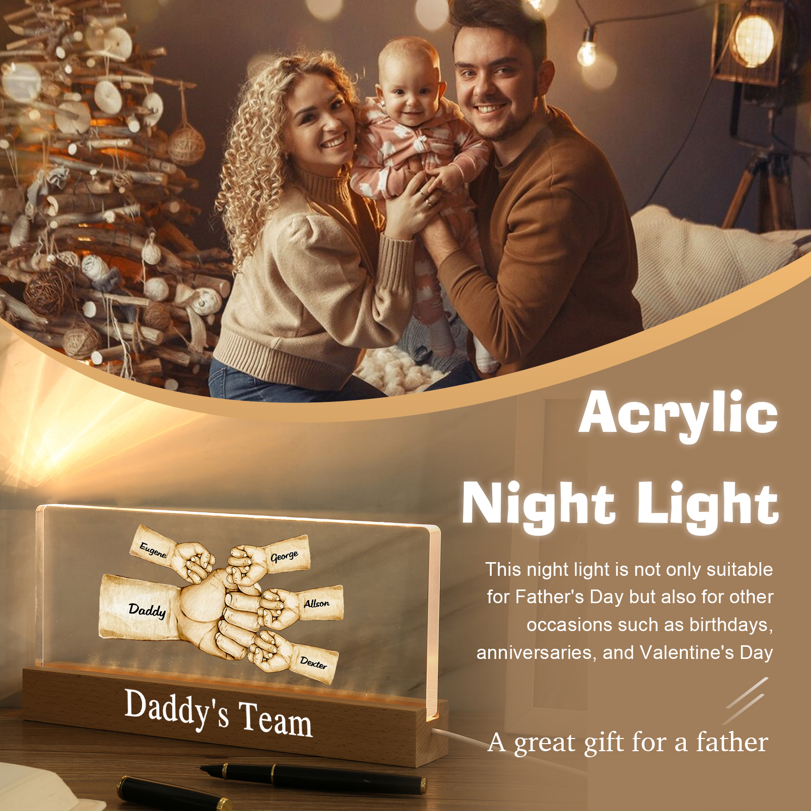 5 Names -  Personalised Name & Text Acrylic Night Light Custom Fist Bump LED Lamp Fathers Day Gifts-Jessemade AU