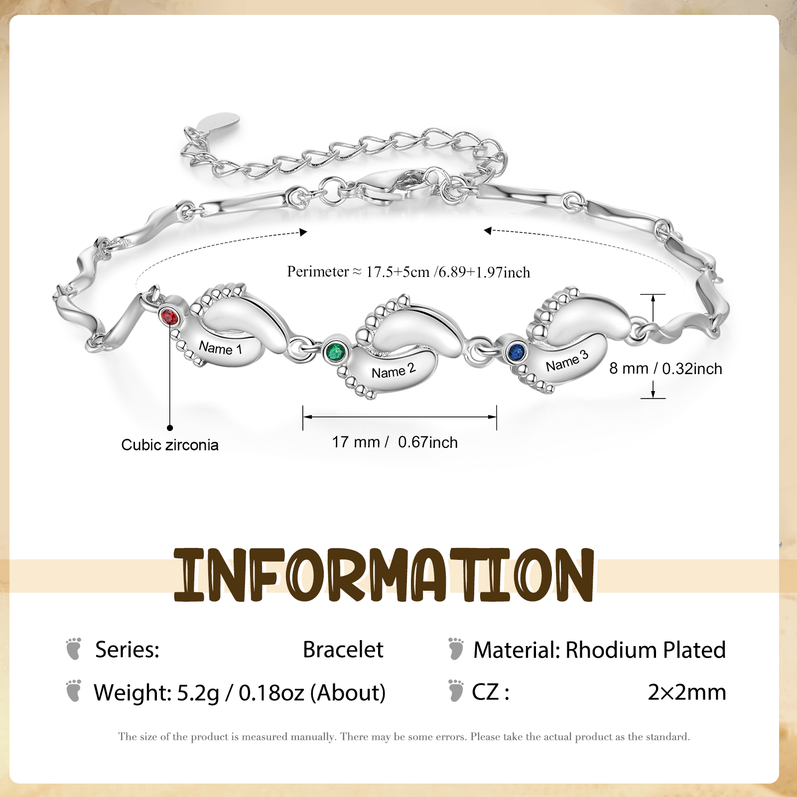 Personalised Baby Feet Bracelet Custom 3 Birthstones & 3 Names Adjustable Bracelet Gift for Her-Jessemade AU