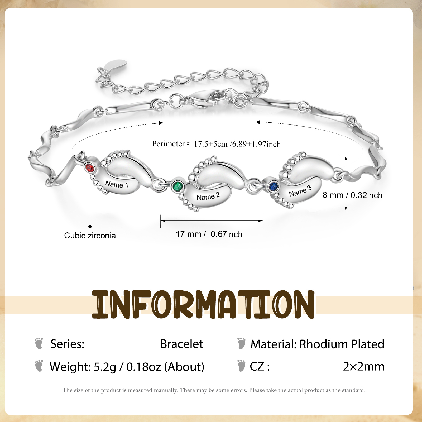 Personalised Baby Feet Bracelet Custom 3 Birthstones & 3 Names Adjustable Bracelet Gift for Her-Jessemade AU