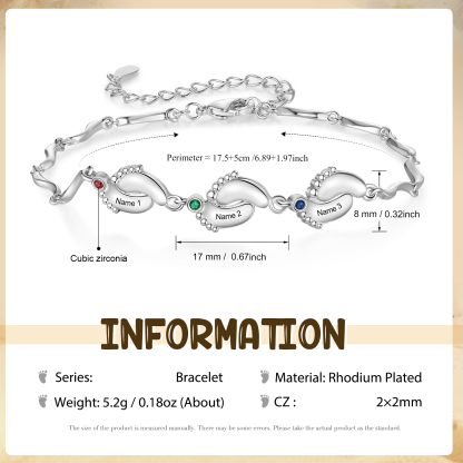 Personalised Baby Feet Bracelet Custom 3 Birthstones & 3 Names Adjustable Bracelet Gift for Her-Jessemade AU